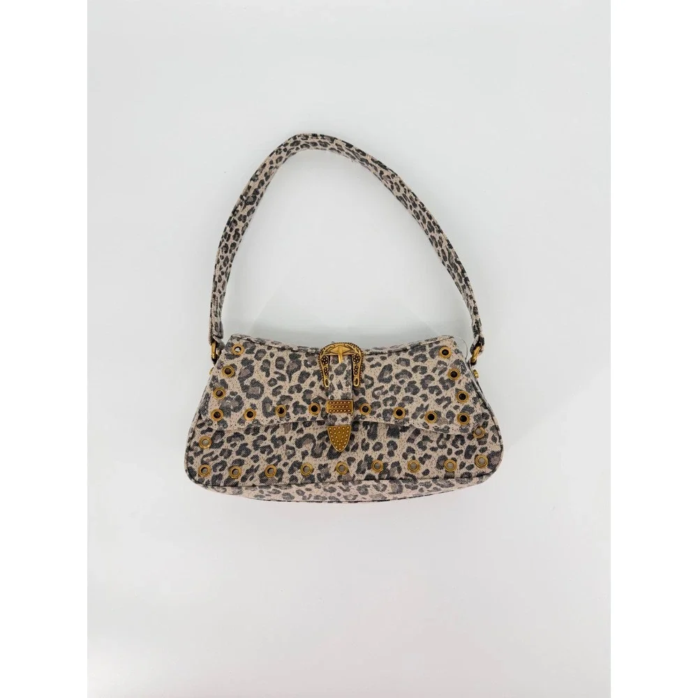 Betsey Johnson Leopard Print Baguette Shoulder Bag Grommet Western Buckle Tan